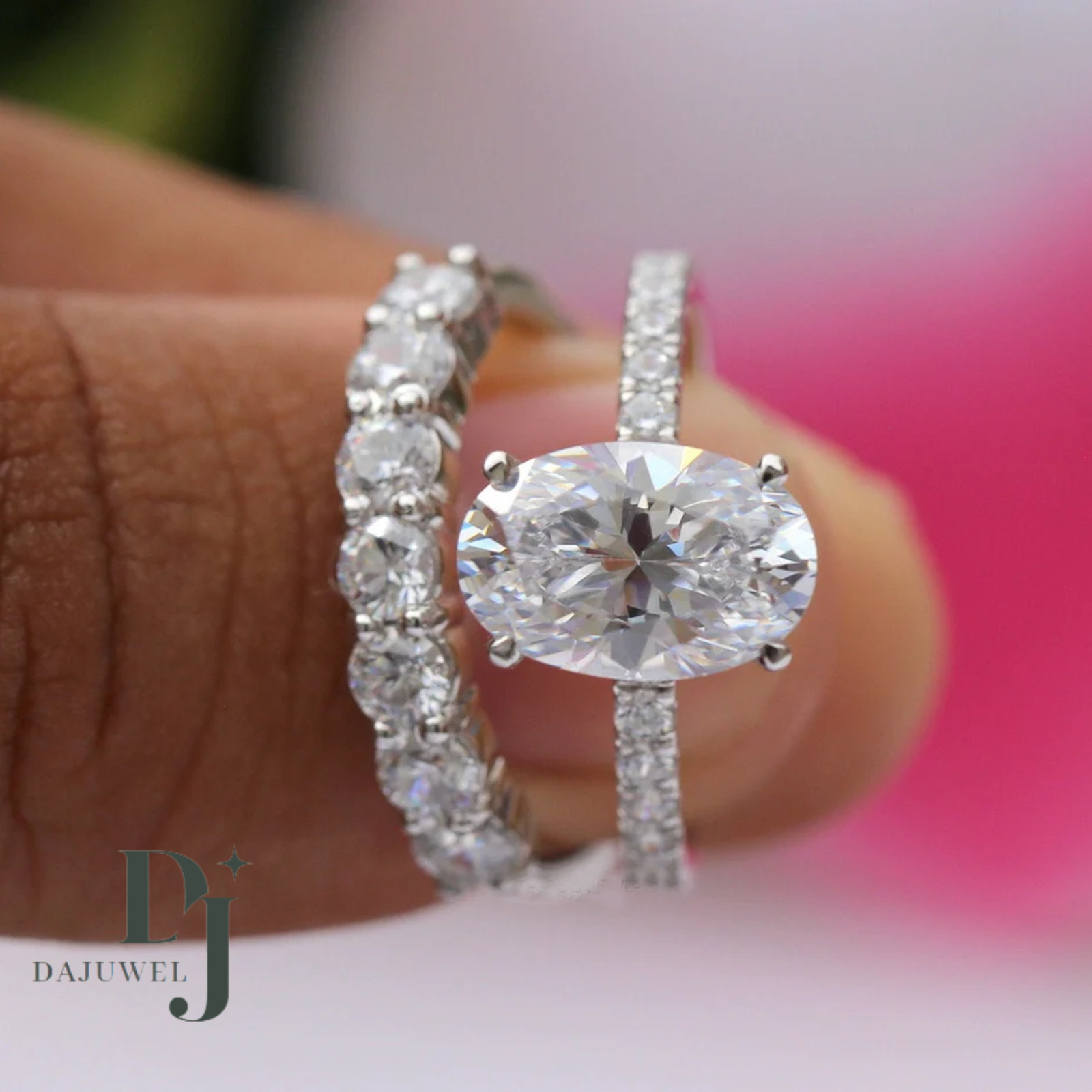 Moissanite Bridal Set Engagement Ring Solid 14K White Gold 3 Carat Oval Cut VVS1
