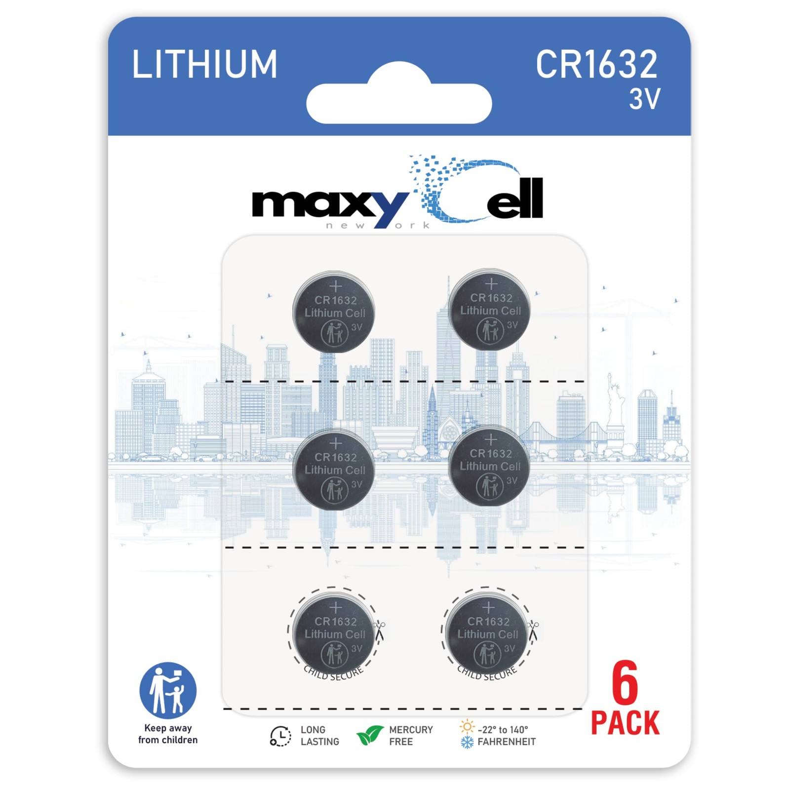 MaxyCell CR1632 Lithium Coin Cell Battery 3V High-Capacity 6 Pack