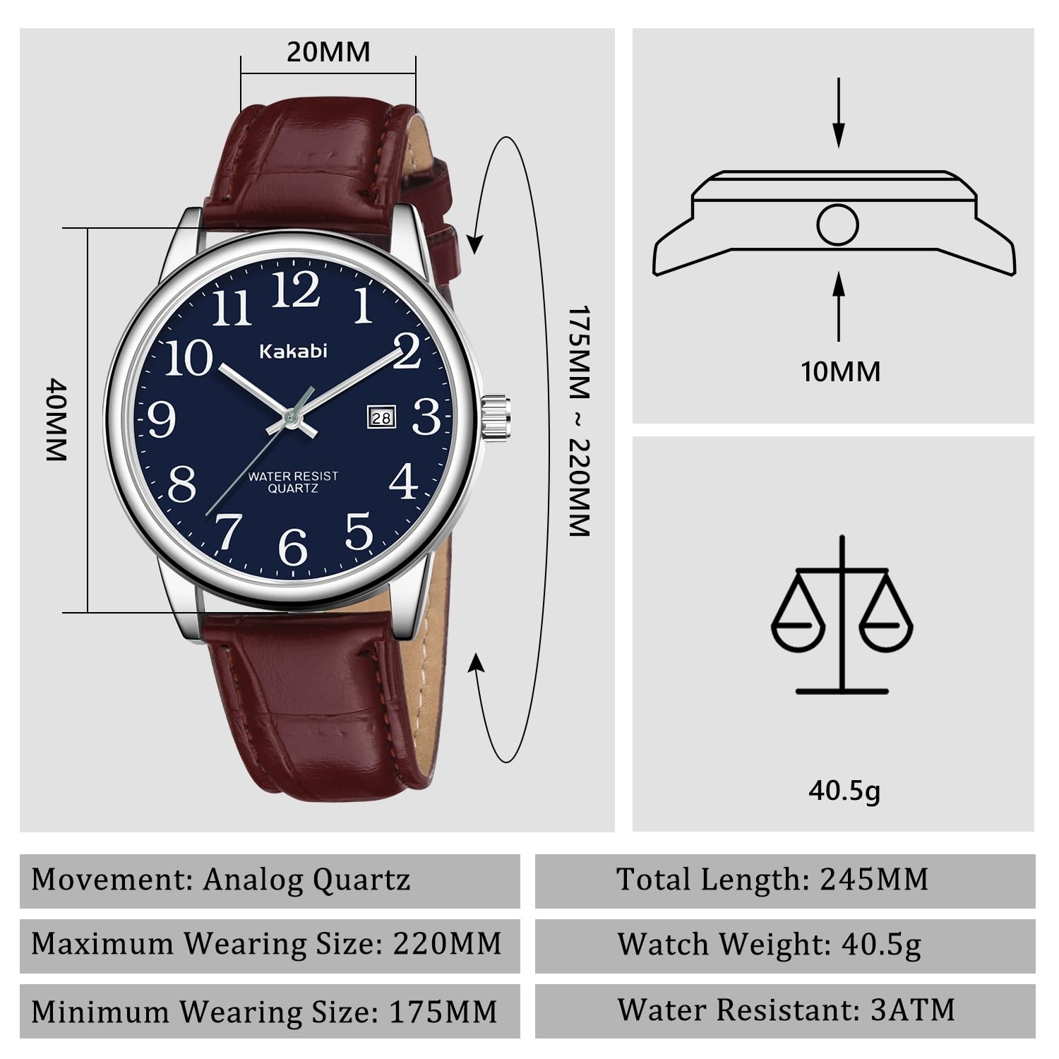 Kakabi Watch for Men, Easy Reader Unisex Analog 01-Wine-red/Silver-Tone/Blue