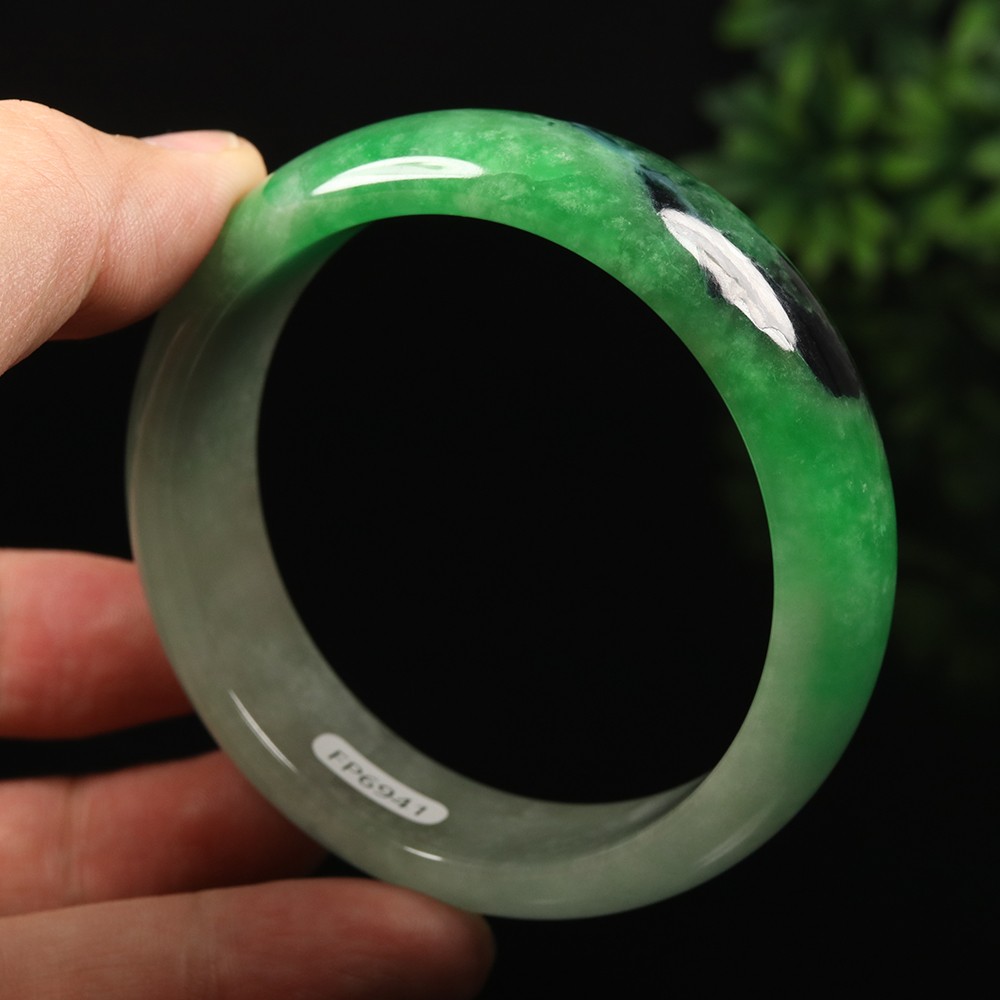 61mm Black Emerald Green Jadeite Jade Bangle Bracelet Burma Jade Bangle A-13935