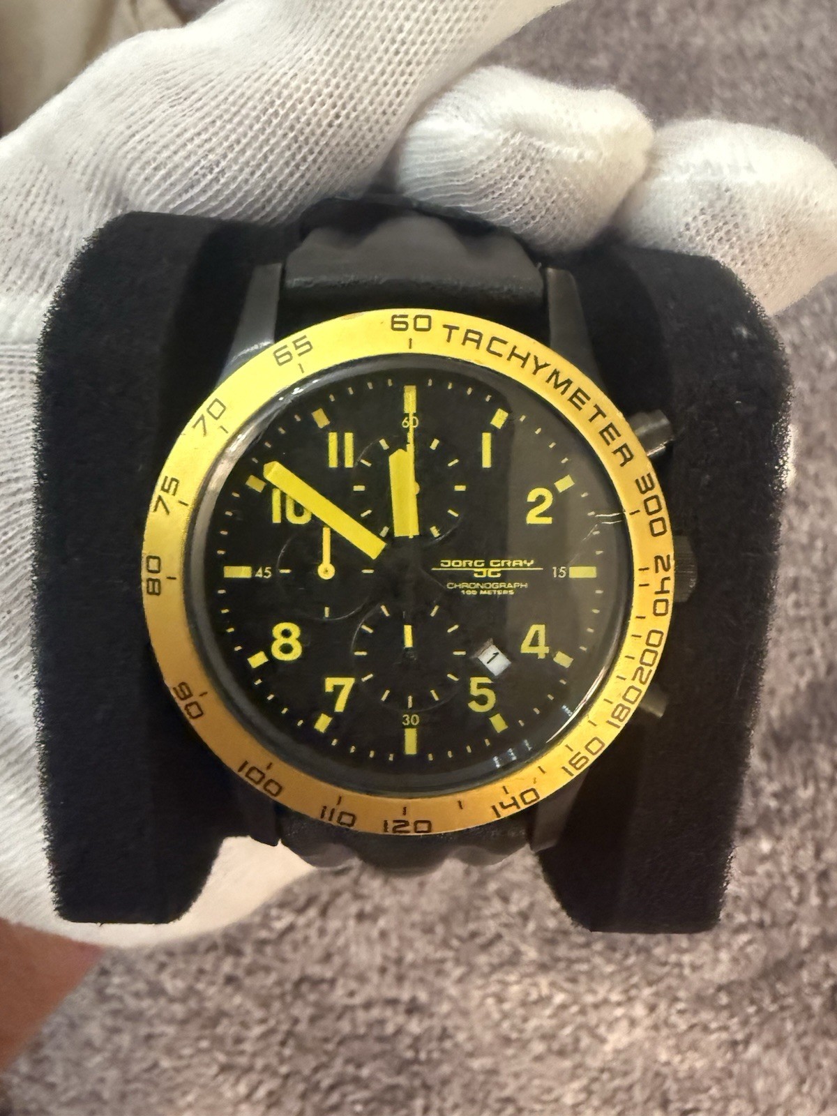 Jorg Gray Wristwatch Chronograph Black Yellow Dial Tachymeter Leather Quartz