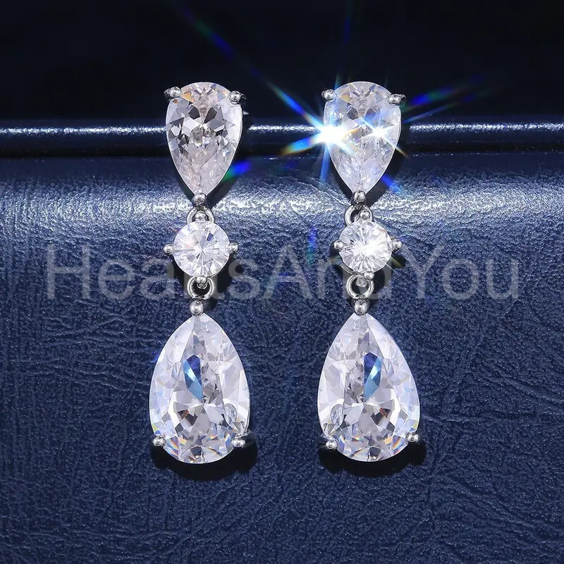 3ct Pear Cut Moissanite Three Stone Drop Dangle Earrings 14K White Gold Plated