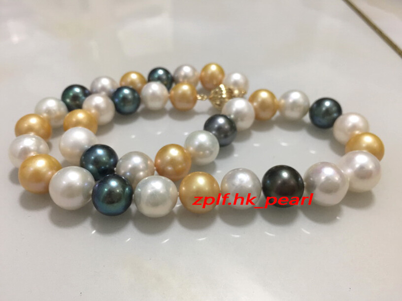 AAAAA 20″11-12mm round Natural REAL south sea Multicolor pearl necklace 14K gold