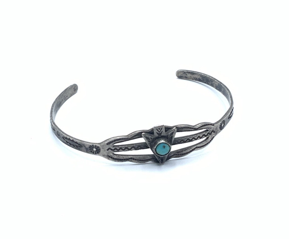 Navajo Fred Harvey Sterling Silver Turquoise Arrowhead Child 5” Cuff Bracelet