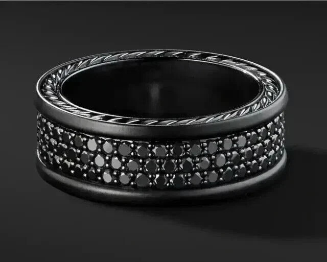 Eternity Anniversary Men Ring 14KBlack Gold Finish Round Simulated Black Diamond
