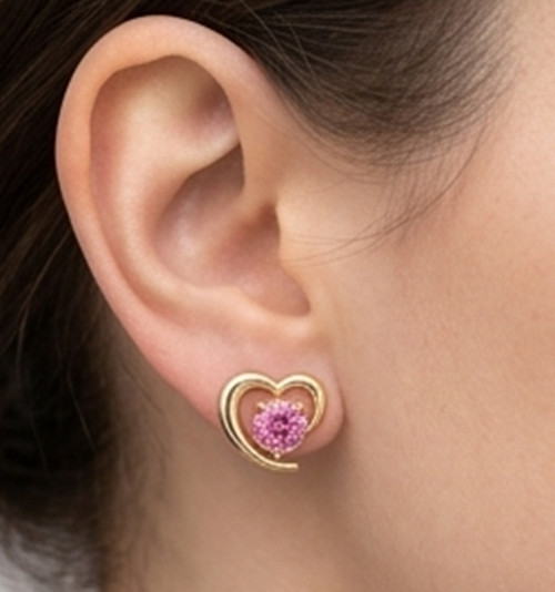 3ct Round Simulated Pink Ruby Cute HEART Stud Silver Earrings Yellow Gold Plated