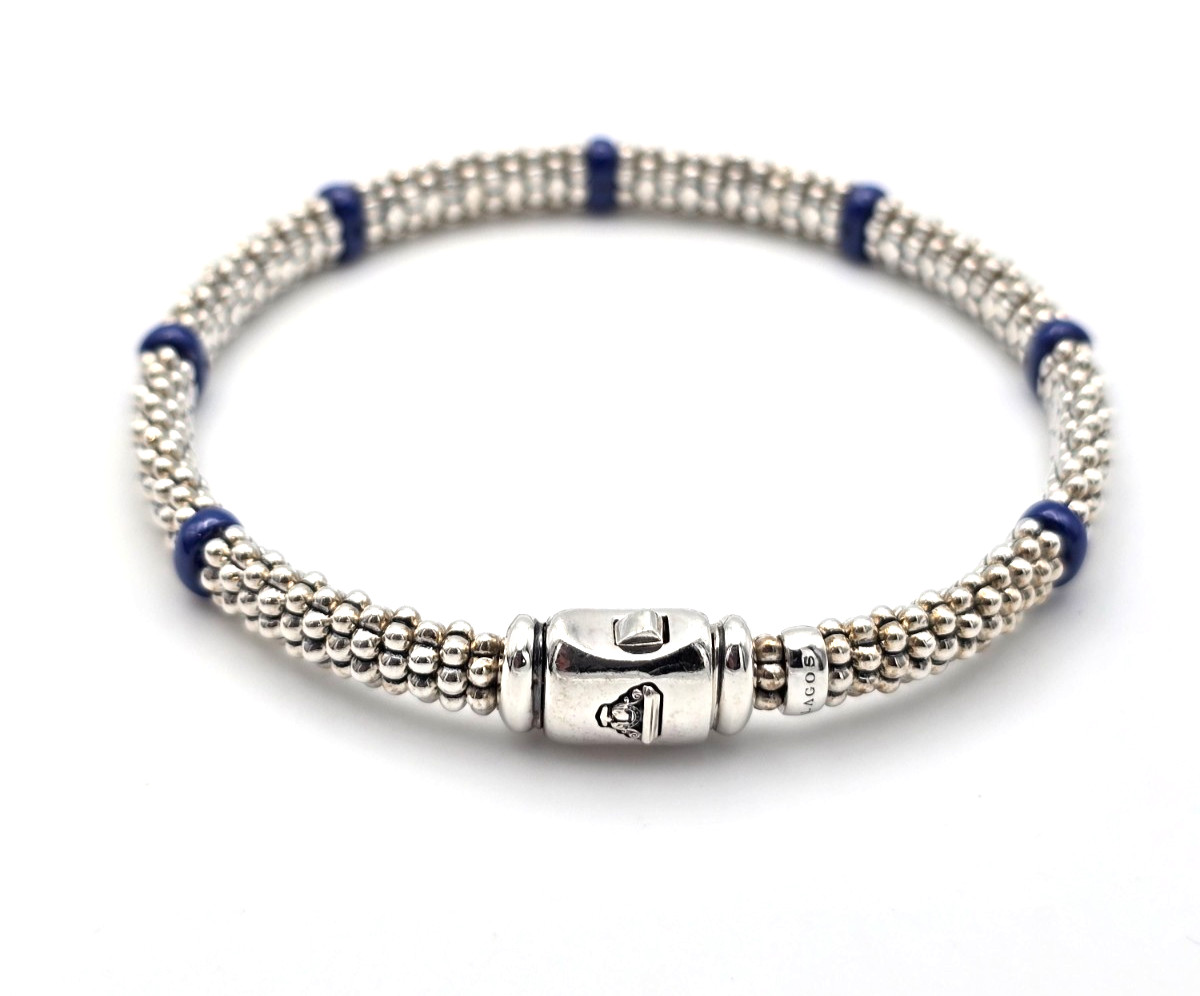 LAGOS Caviar 6mm Sterling Ultramarine Blue Ceramic 7 Station Bracelet & Pouch
