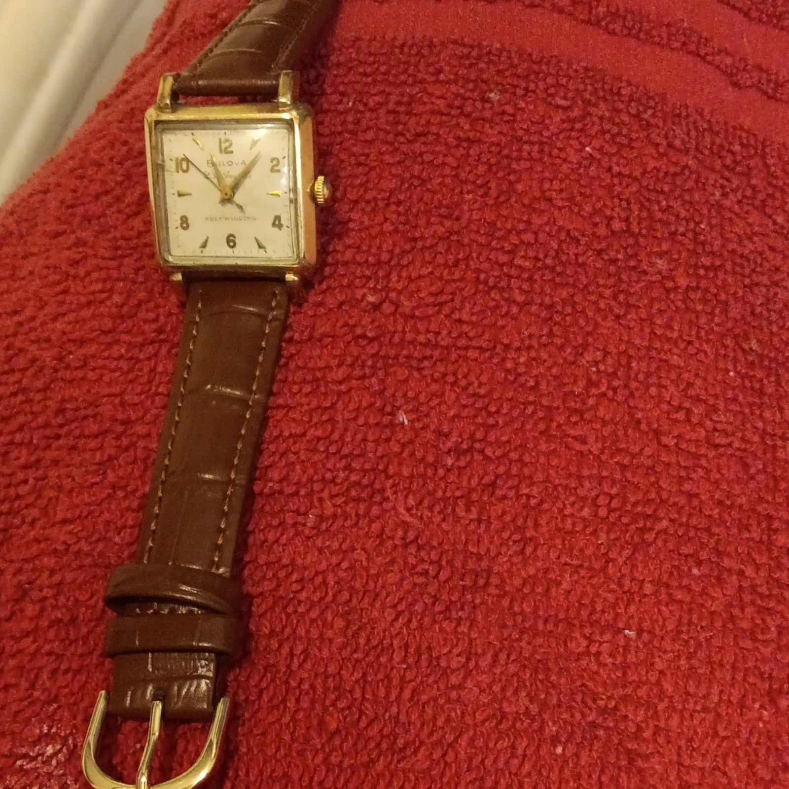 Bulova 23 Jewels Automatic Square Gold-Plated Watch White Dial Brown Leather