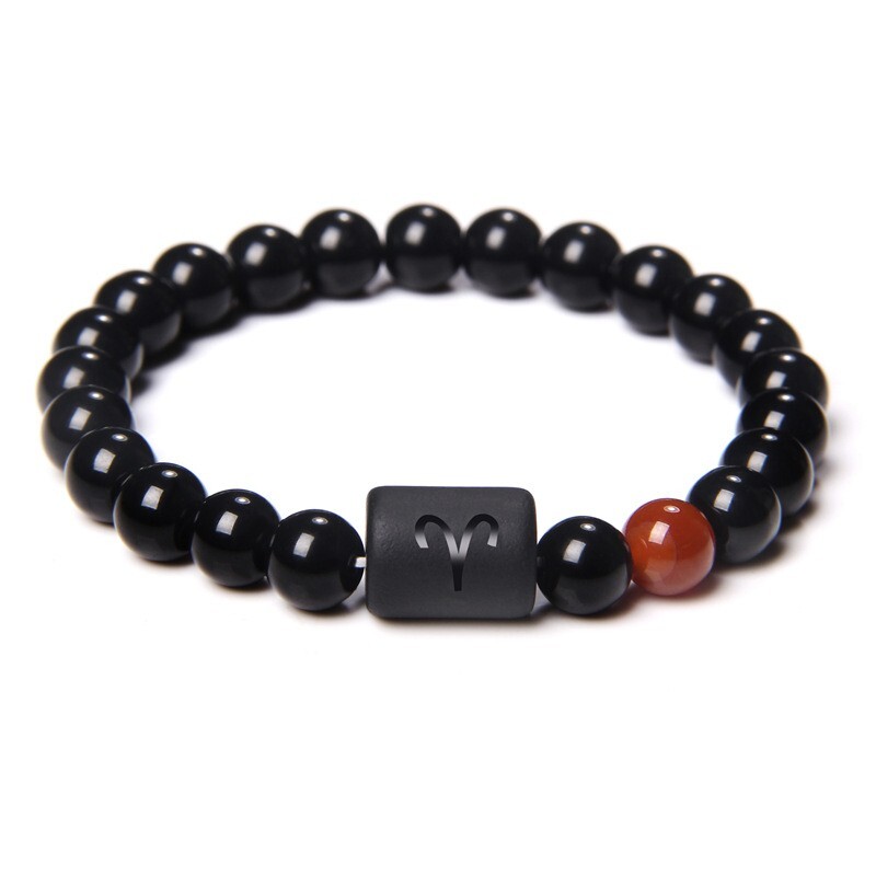 Zodiac Sign Natural Black Stone Beaded Elastic Stylish Bracelet Astrological