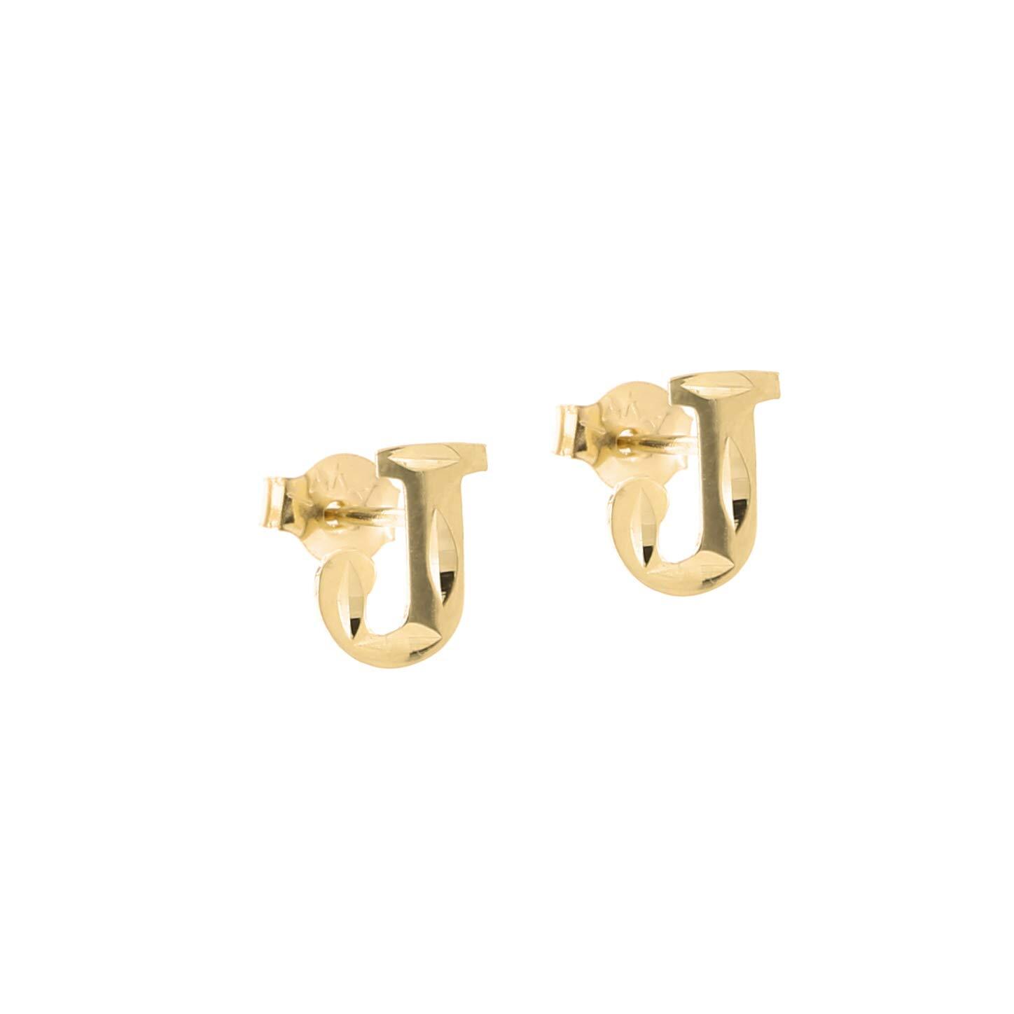 New 14k Real Yellow Gold Initial Letters Stud Earrings For Women Kids Baby Girls
