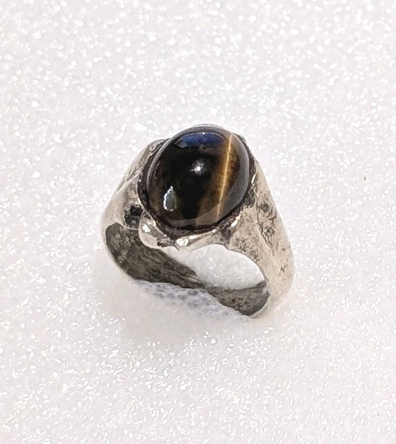 Vintage Cast Sterling Silver Genuine Tiger’s Eye Cabochon Size 3.25 Pinky Ring