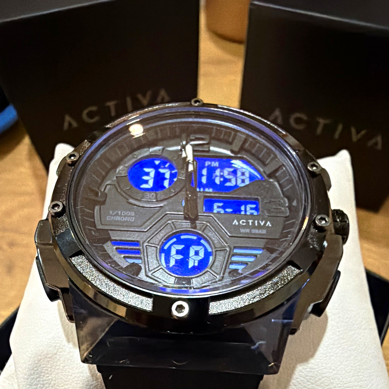 Activa 50mm WR 5BAR Ana-Digi Quartz Chronograph 50m Black Rubber Strap w/ Box