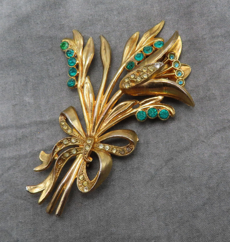 Antique Rhinestone Brooch Flower Clear Green Crystal 3.75 in OOAK Vintage 253f