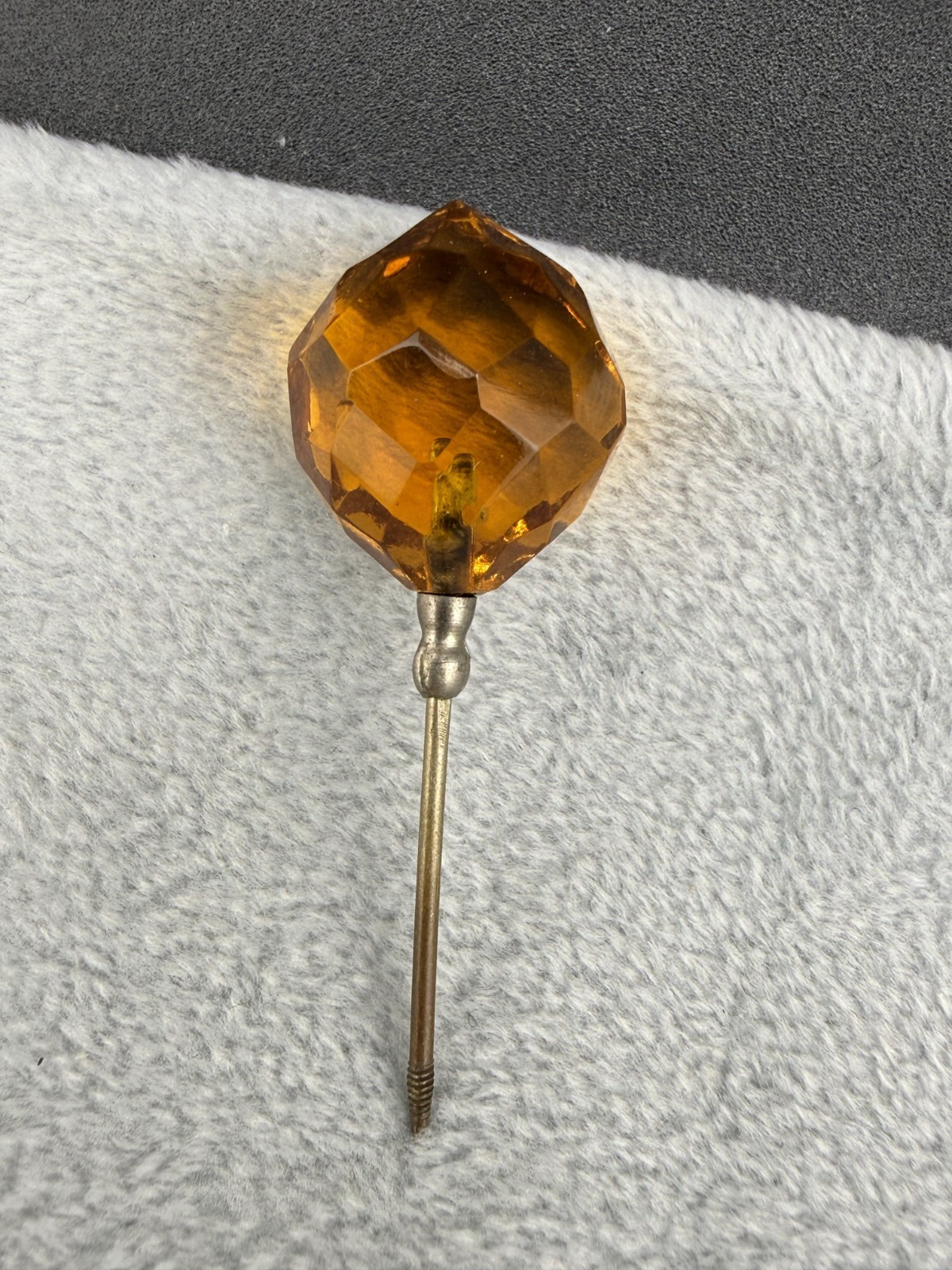 Vintage Stick Pin Faceted Orange Brown Glass Gold Tone