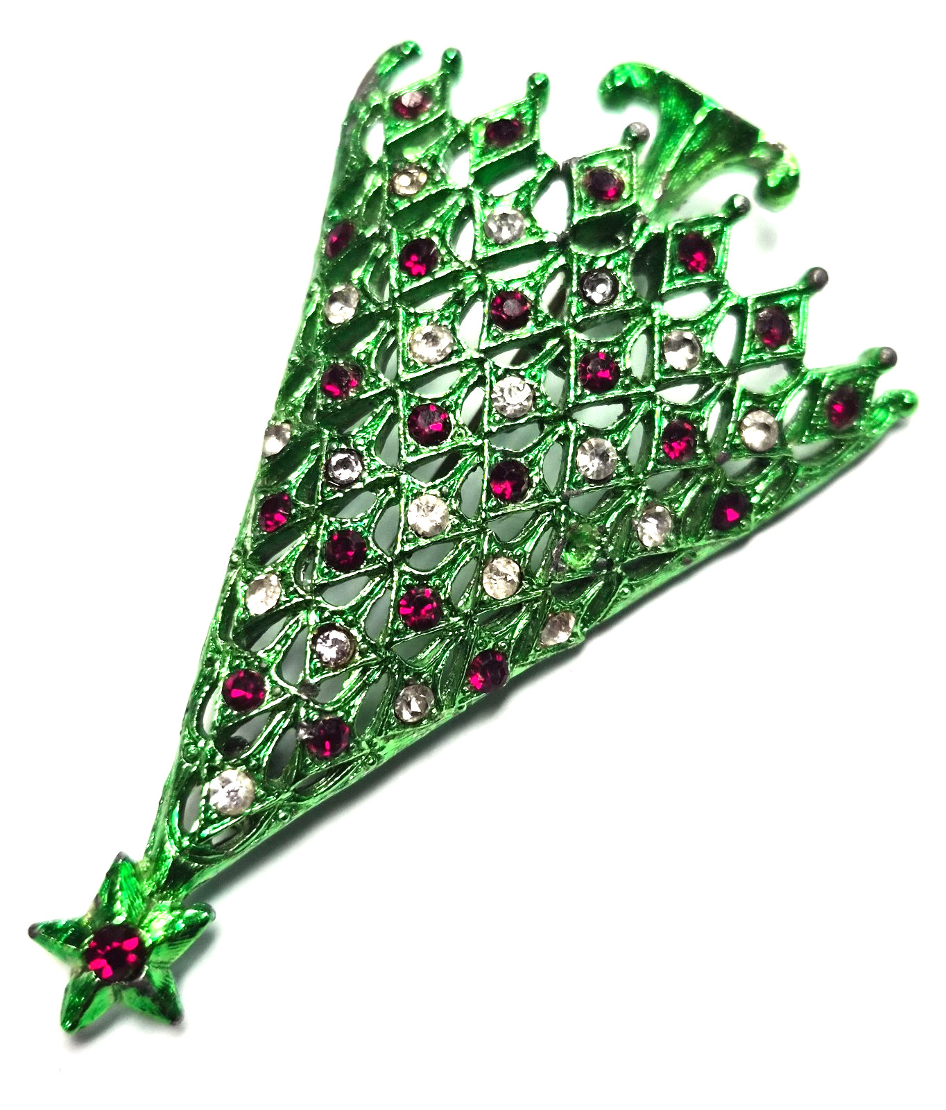 Vintage 70’s Signed MYLU Green Enamel & Rhinestone Christmas Tree Pin / Brooch