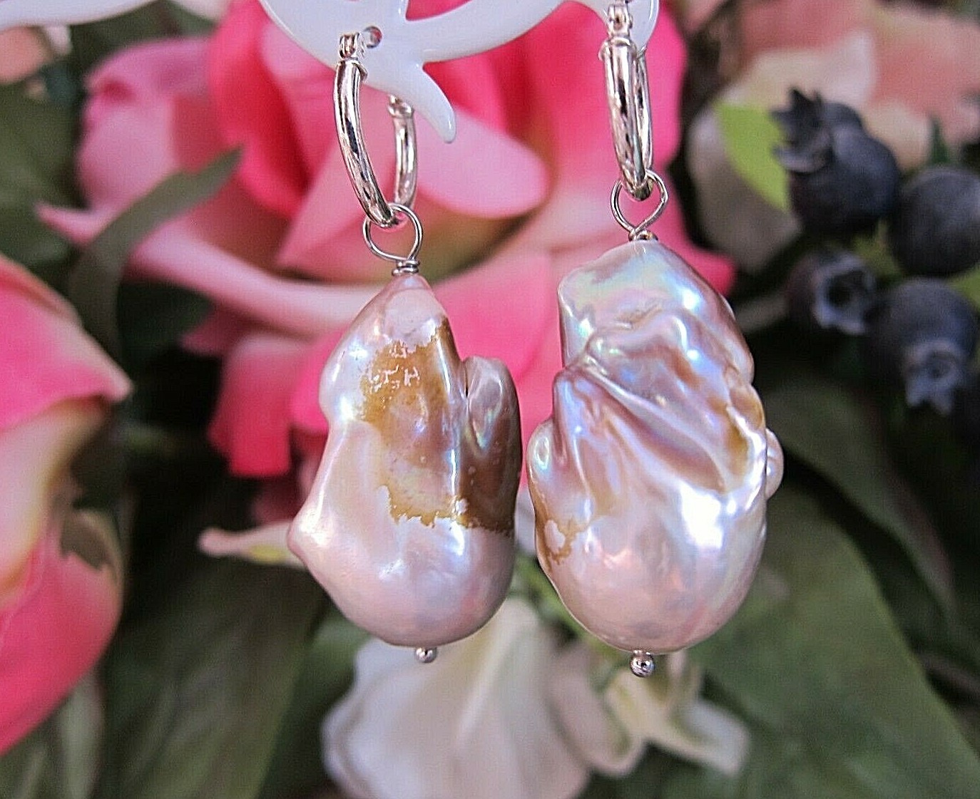 Huge Purple South Sea Keshi Reborn Pearl Drop Earrings on Silver Hoop 25 29mm.