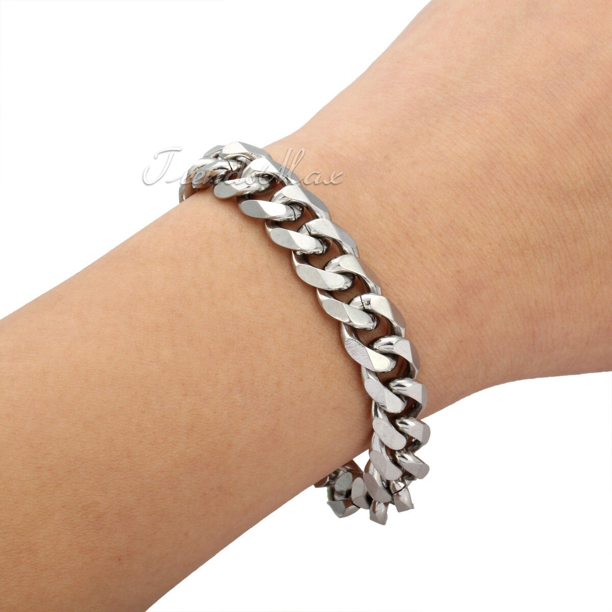 11mm Wide Mens Boys Curb Cuban Chain Silver Tone Stainless Steel Bracelet 7-11″