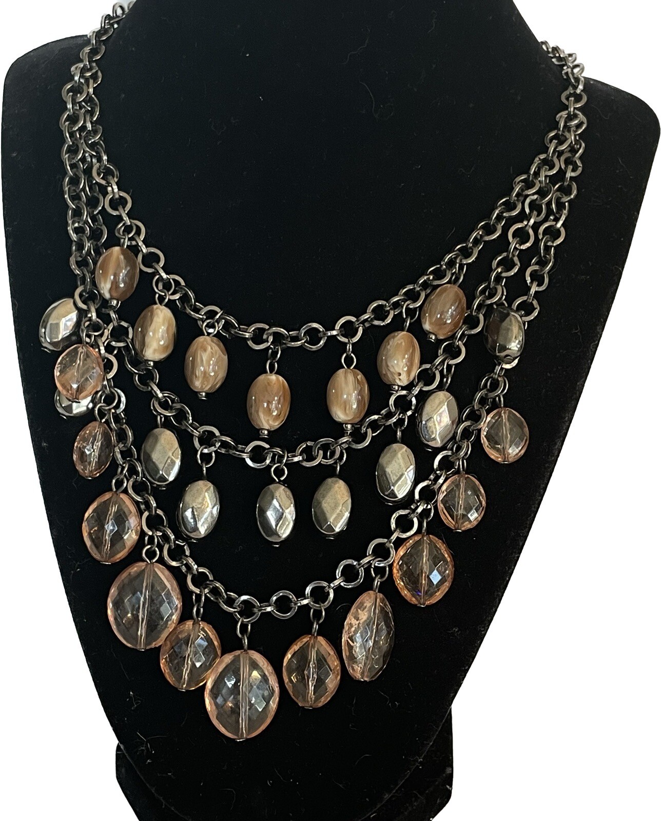 Neutral Multi Color Acrylic Waterfall Beaded Layered Bib Necklace Chandelier