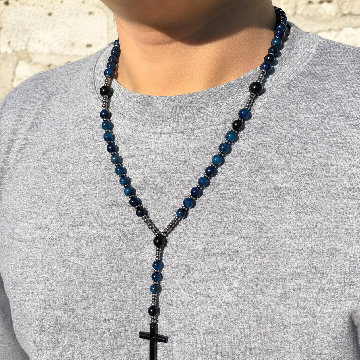 Blue Tiger Eye & Obsidian Rosary Cross Necklace Protection Beaded Gemstone Gift