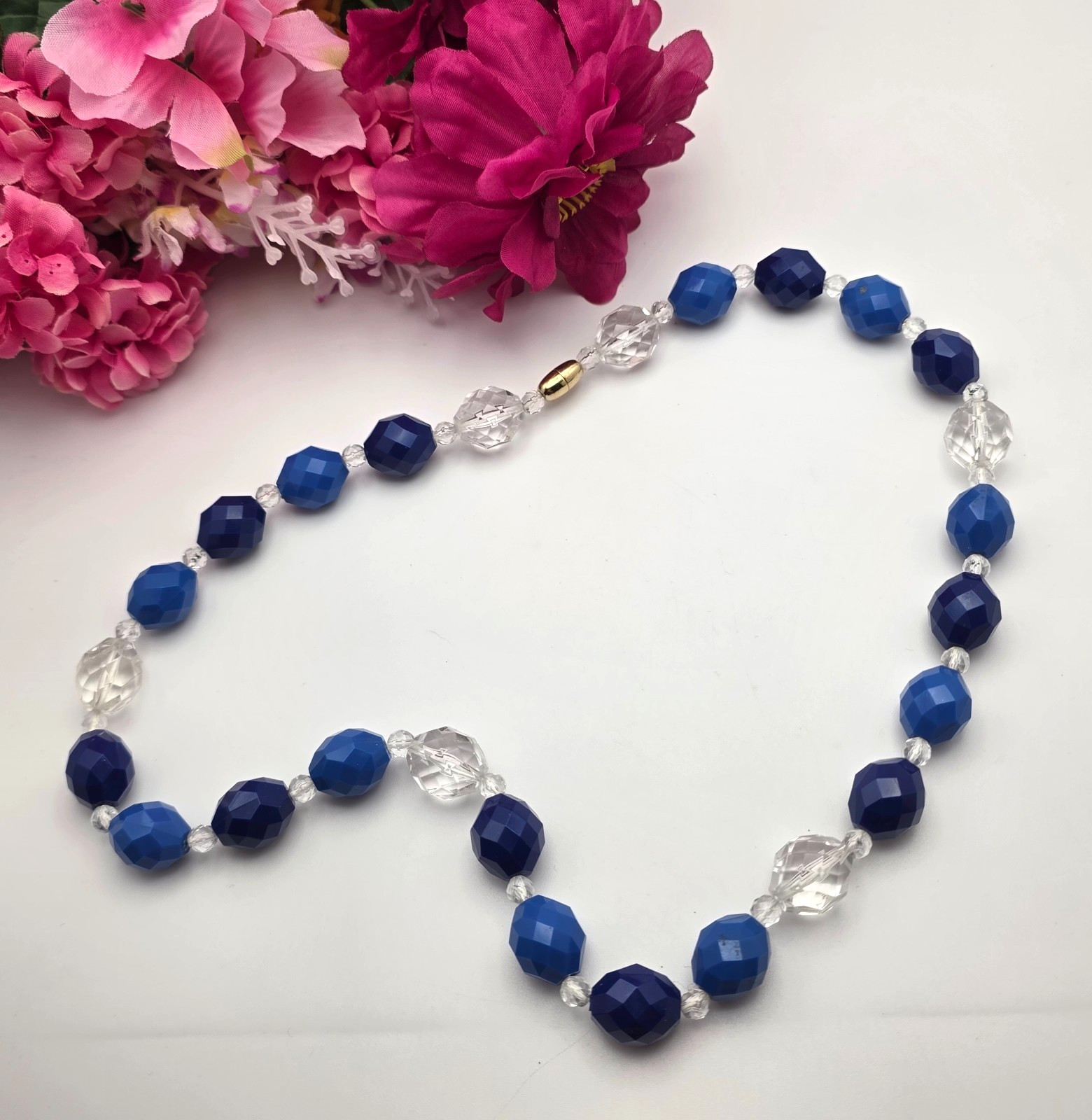 Blue Clear Faceted Acrylic Bead Necklace 25 In Chunky Statement Gold Tone Clasp