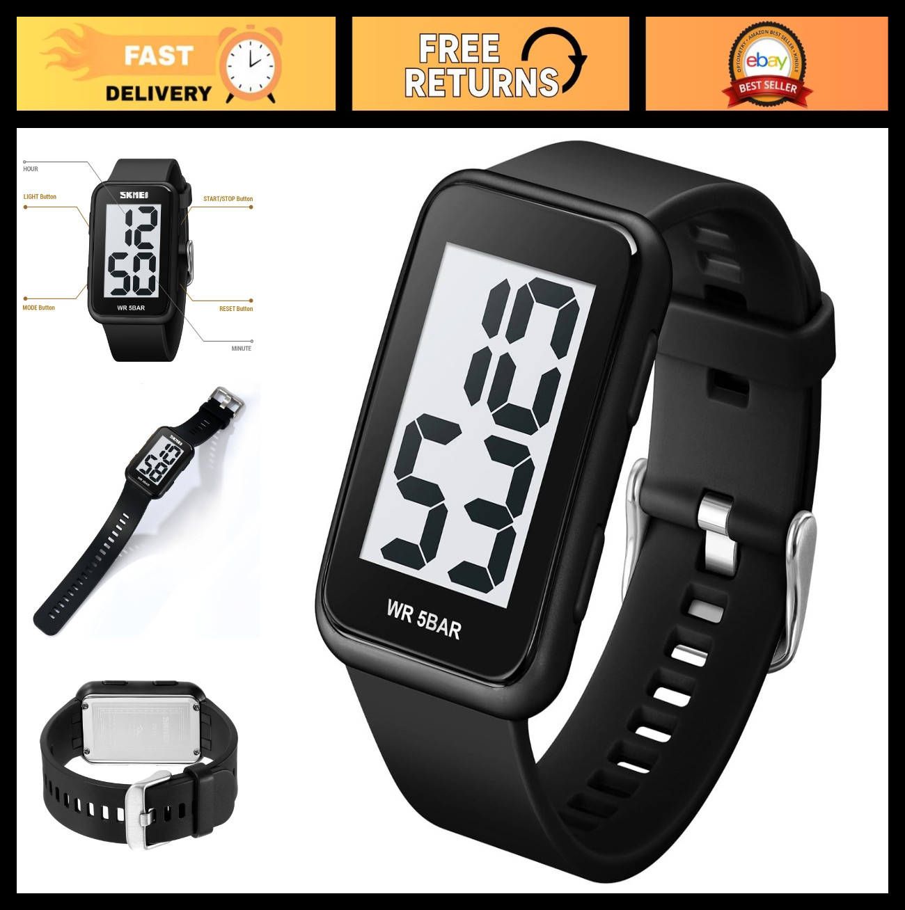 Large Display Waterproof Digital Watch for Men & Women – Stylish & Durable Timep
