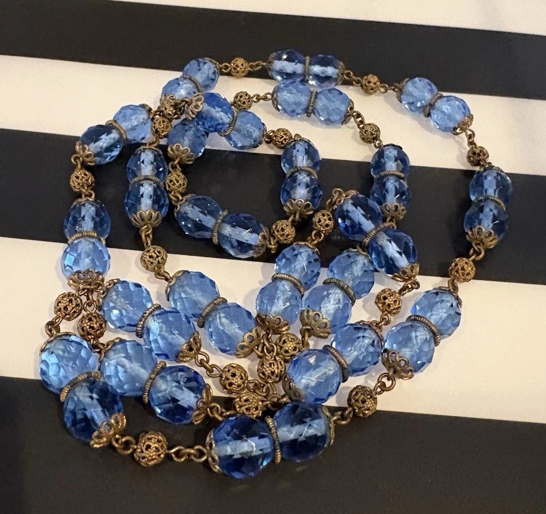 Antique Art Deco Blue Czech Glass & Brass Filigree 34 Inch Necklace 20s-30s