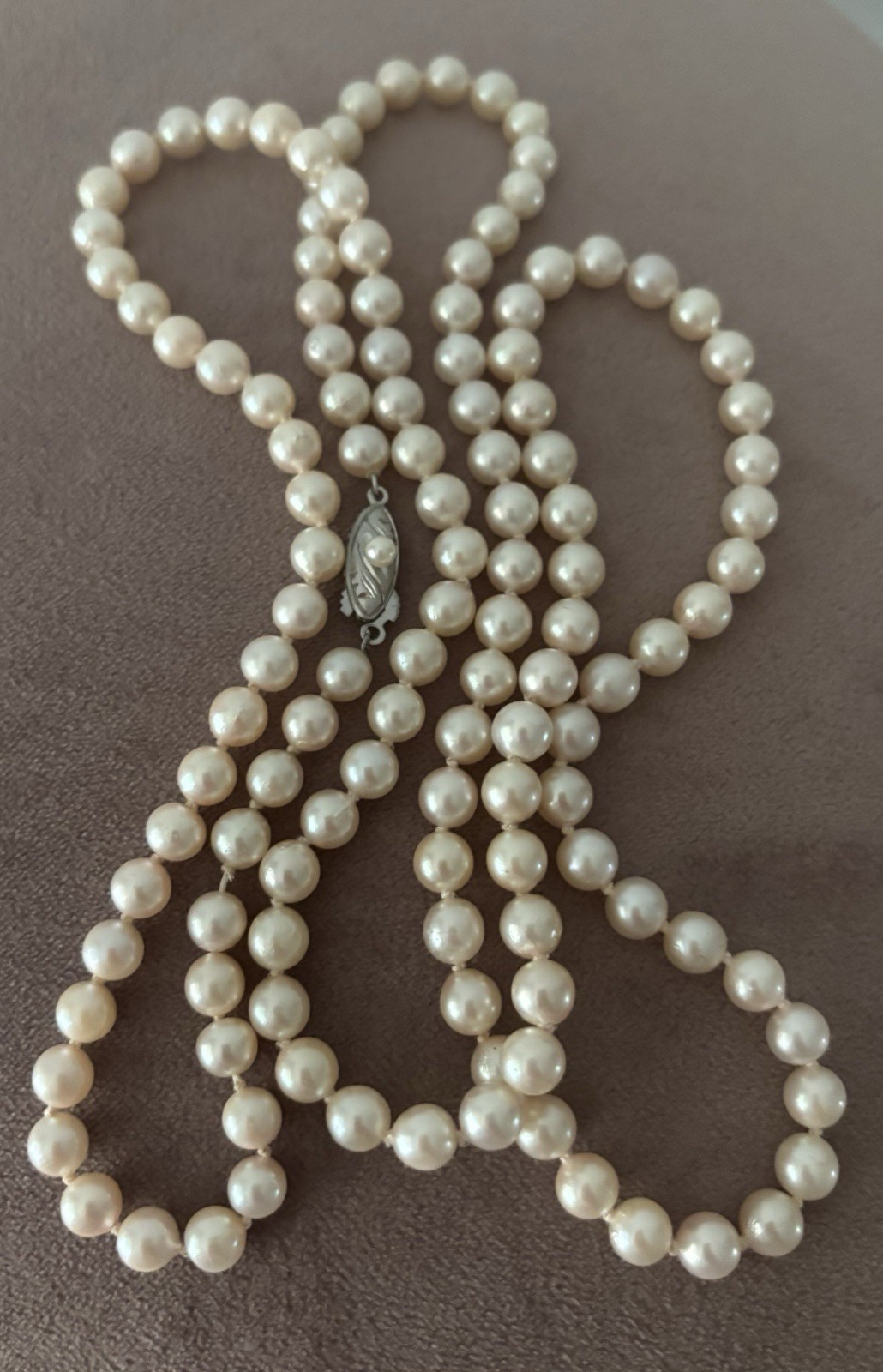 Vintage Akoya Pearl Necklace Silver Clasp 6mm 35” Opera Length Creamy Hue