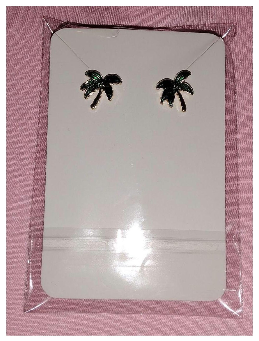 Tropical Plant Vivid Green Leaf Palm Tree Trunk Gold Tone Stud Earrings