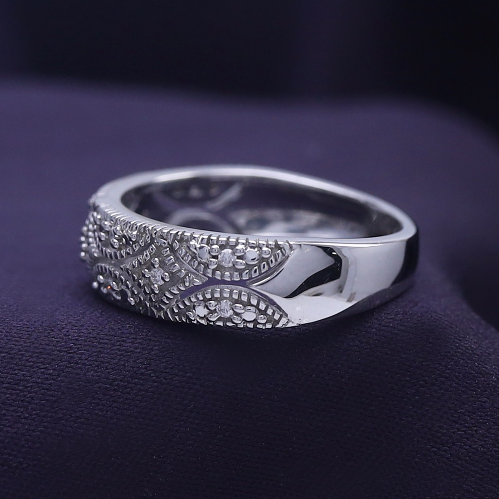 0.05 Ct Round Natural Diamond Wedding Band Ring In 14K White Gold Plated Silver