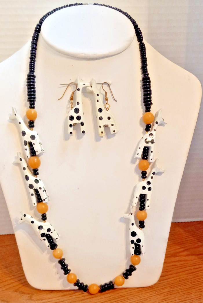 Wooden Necklace Black &White Giraffe’s with brown and black beads