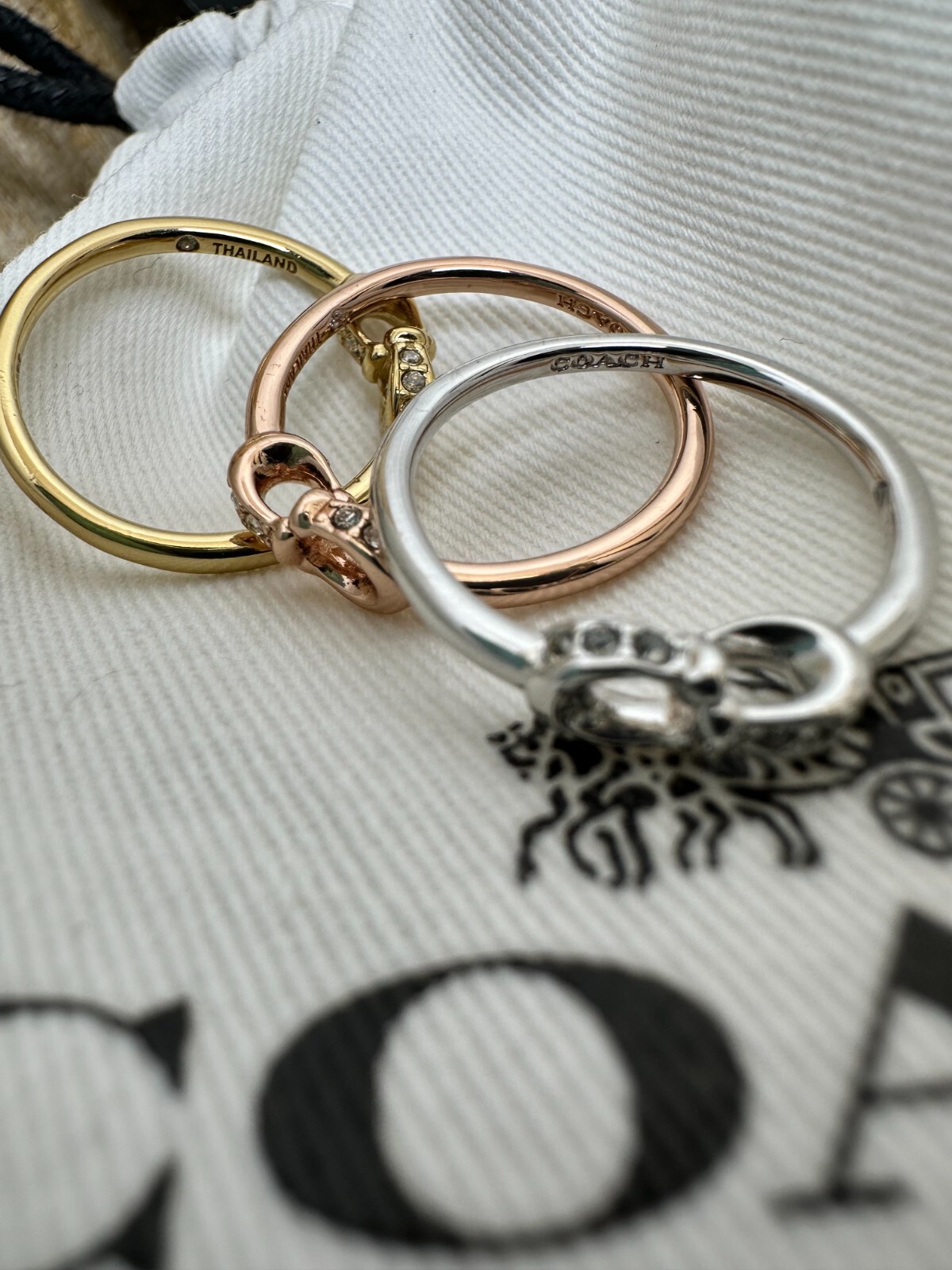Coach Interlocking C Pavé Ring Set Size 7 Tri Tone Gold Silver Rose Gold