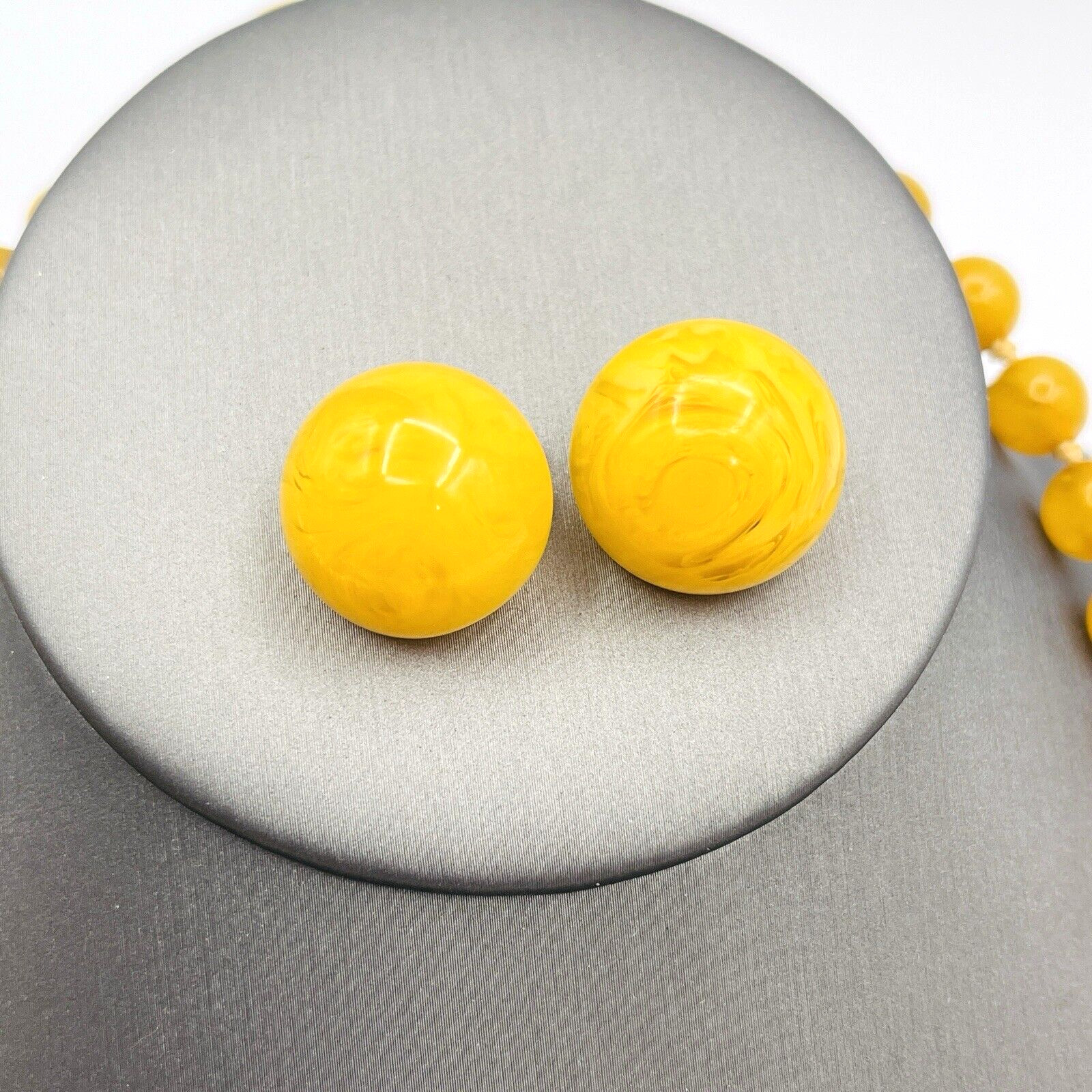 Vintage Egg Yolk Bakelite Beaded Graduated Necklace and Clip Earrings Set