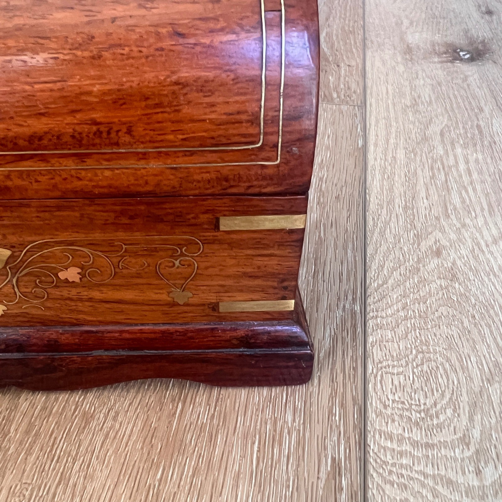 Vintage Wooden Jewelry Box Dome Top Brass Inlay Chest with Key Keepsake Box