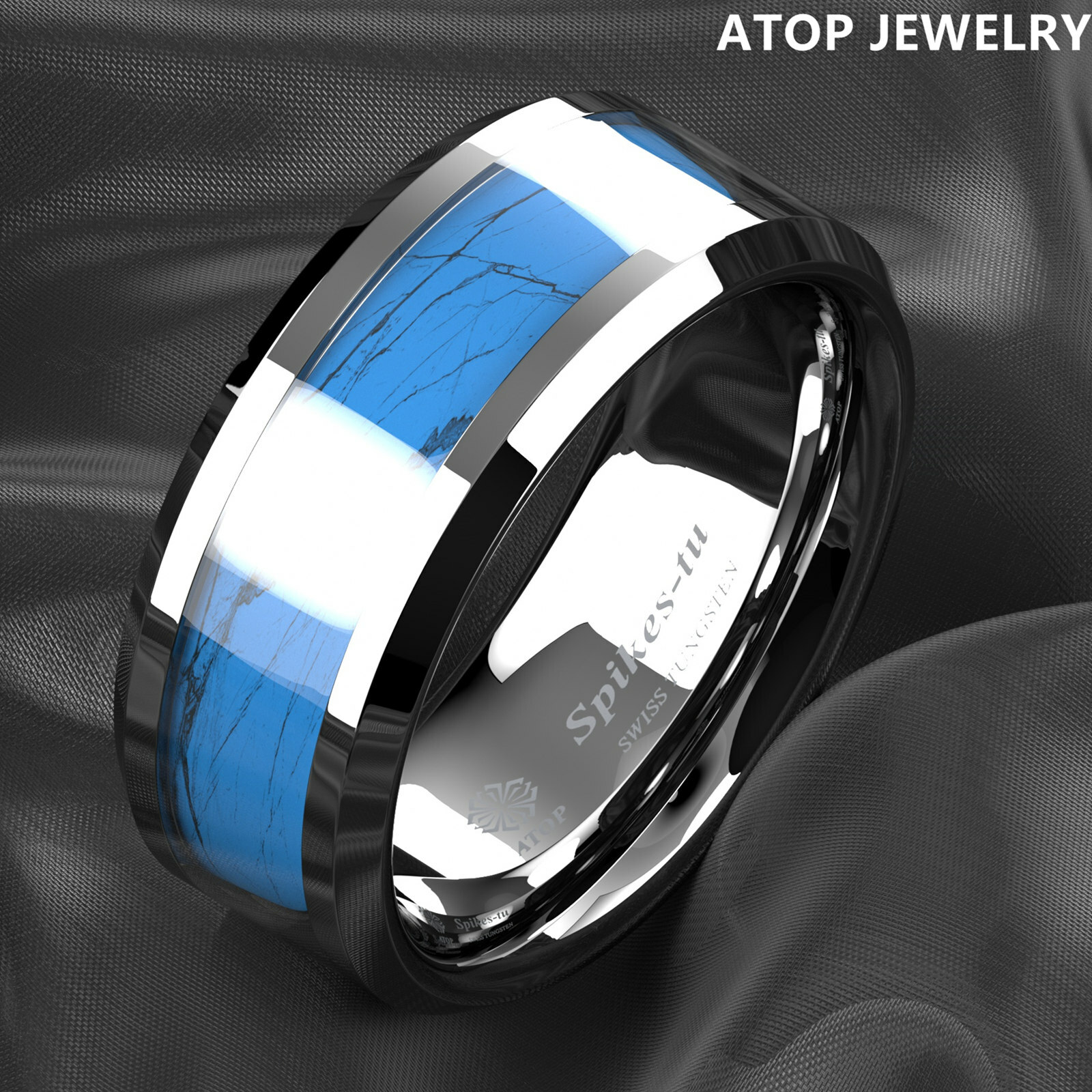 8mm Silver Edge Tungsten Carbide Ring Manmade Turquoise Engagement Wedding Band