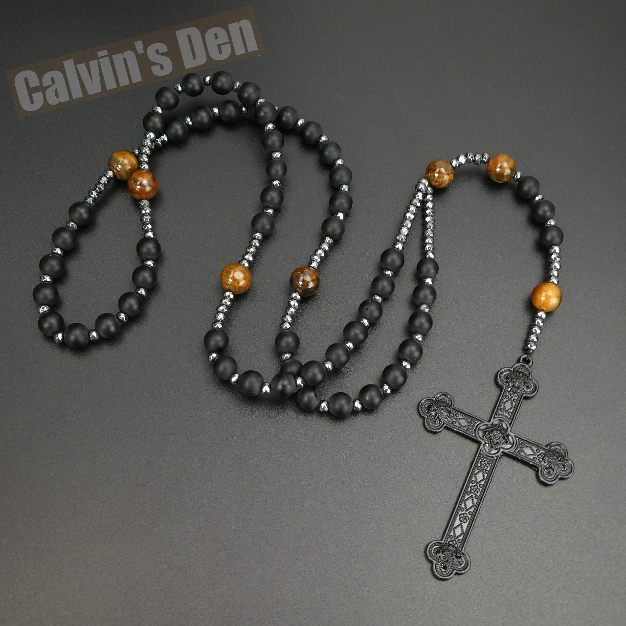 Gothic Punk Cross Pendant Tiger Eye Matte Black Obsidian Beads Rosary Necklace