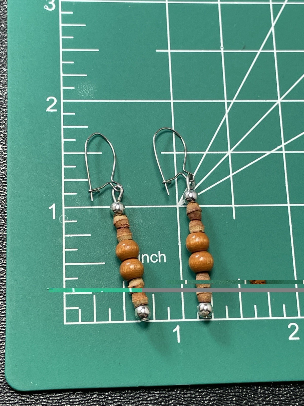 Vintage 1.8” Wood Beaded Bohemian Silver Tone Dangle Earrings