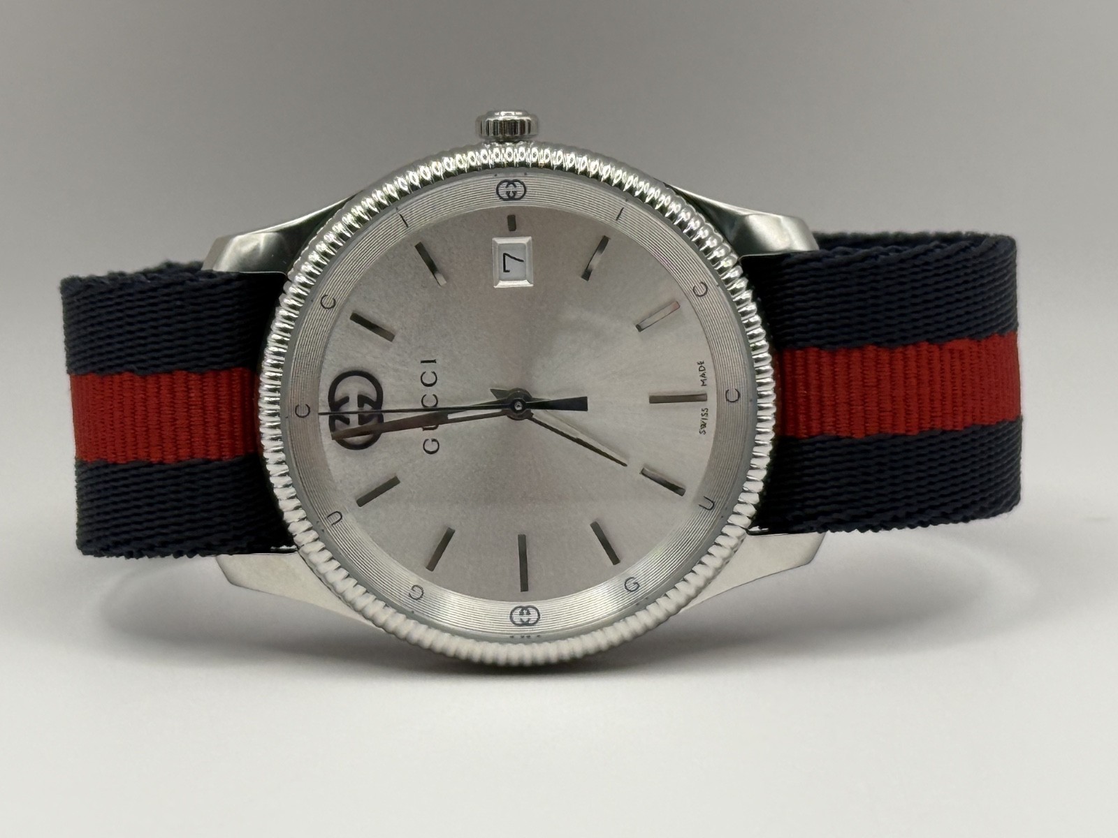 Gucci G-Timeless Silver Dial Blue and Red Nylon Strap Watch 38mm YA1264237
