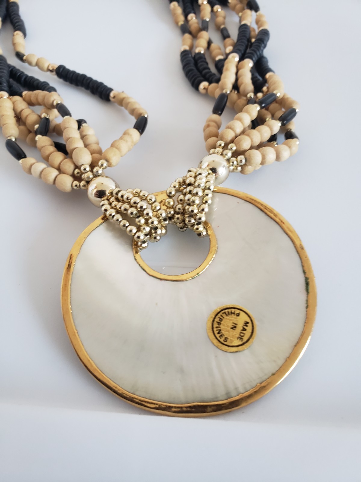 Boho Necklace Wood Plastic Metal Bead Pearl Round Pendant Made In Philippines .