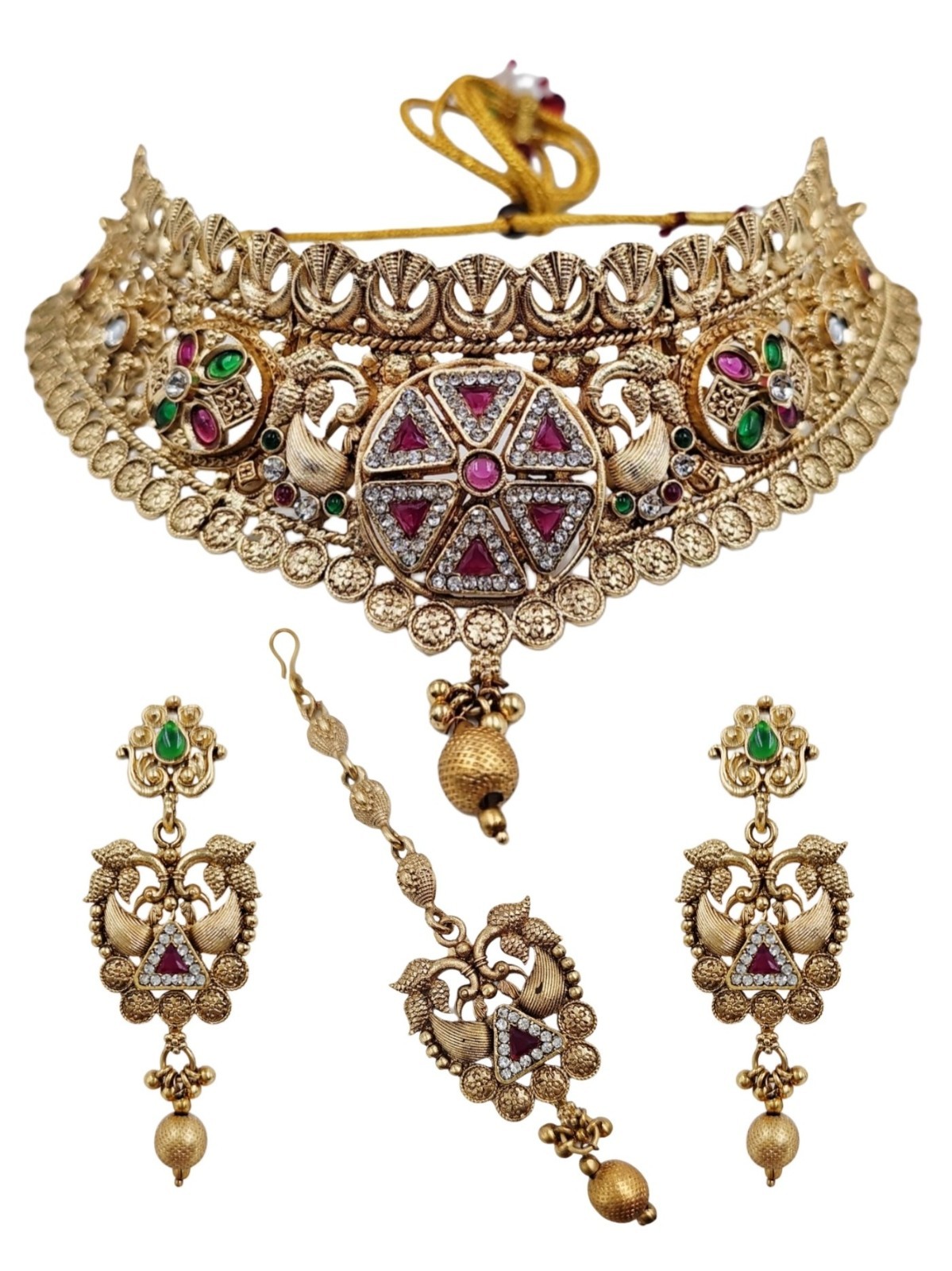 Indian Bollywood Kundan Choker Necklace Earrings Maang Tikka Bridal Jewelry Set