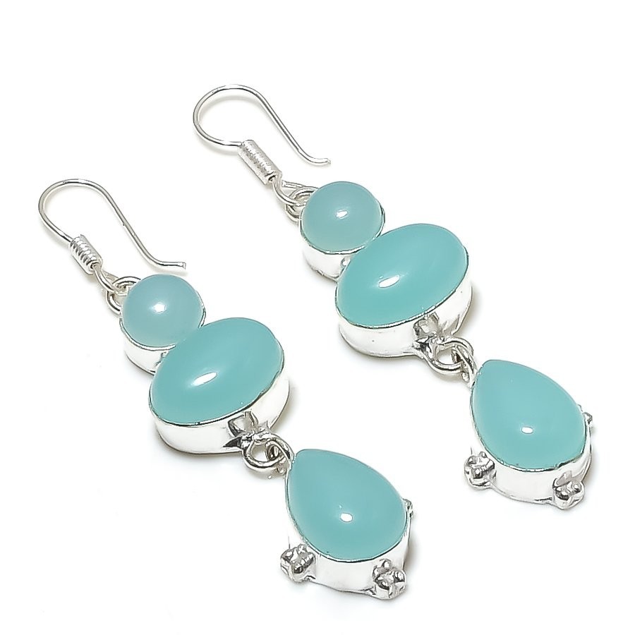 Aqua Chalcedony Gemstone Handmade 925 Sterling silver Jewelry Earring Size 2.5″