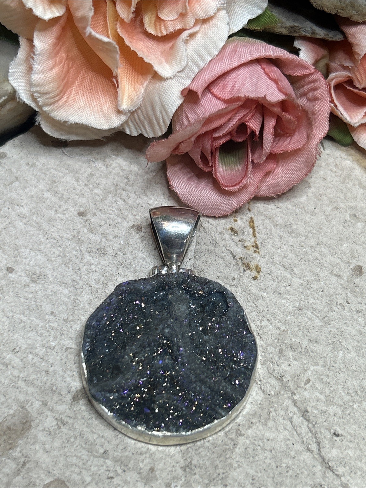 57. Vintage 925 Sterling Dark Druzy Crystal Round Pendant 50mm, 17.4g