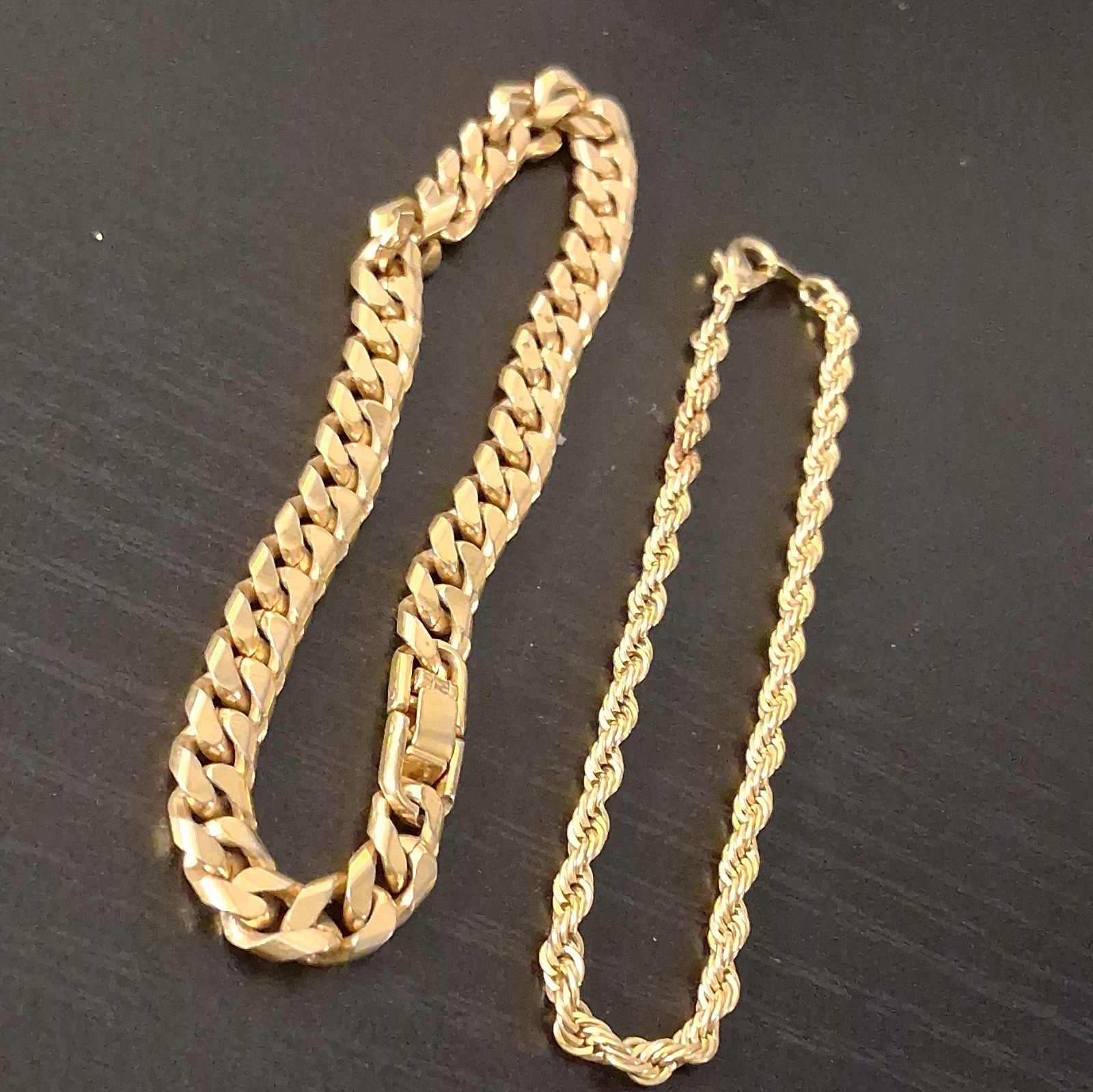 Lot of 2 Gold-Tone Chain Bracelets Cuban Link & Rope Style Box Closure