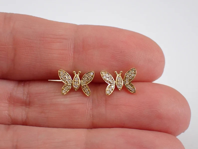 1.60Ct Round Cut Real Moissanite Butterfly Stud Earrings 14K Yellow Gold Plated