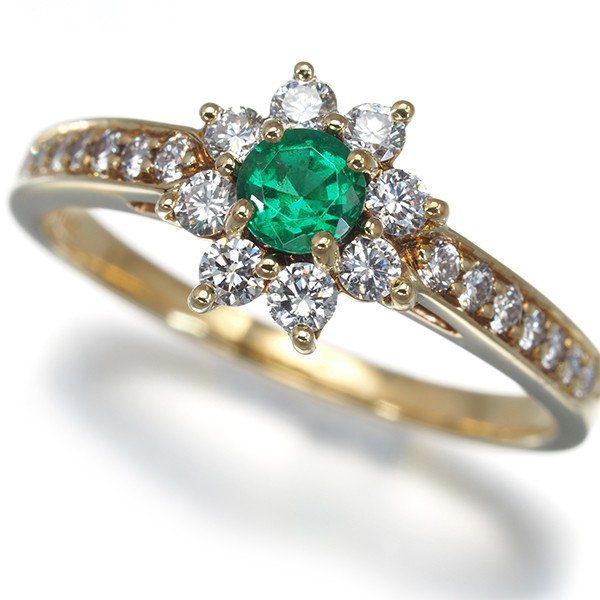 Auth Tiffany&Co. Ring Emerald Diamond Flora Continuous Row US6-6.25 18K YG