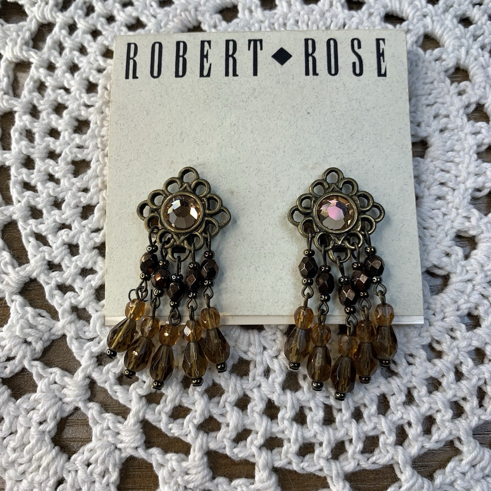 Vintage Robert Rose Clip Dangle Earrings Brown