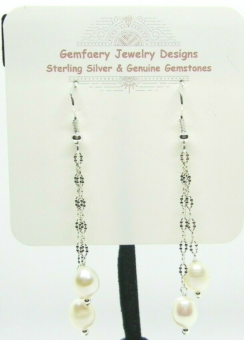 Sterling Silver Natural CULTURED PEARL Dangle Earrings #1171…Handmade USA