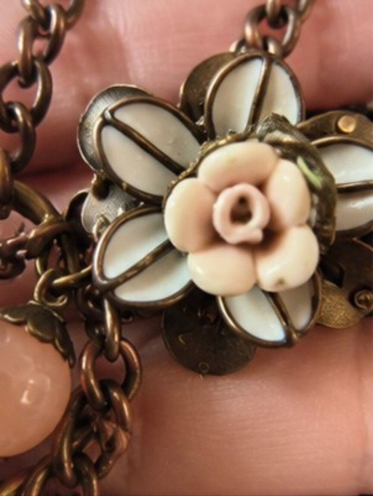 Vintage Romantic Cottagecore Charm Necklace Antique Copper Pink Glass Flower
