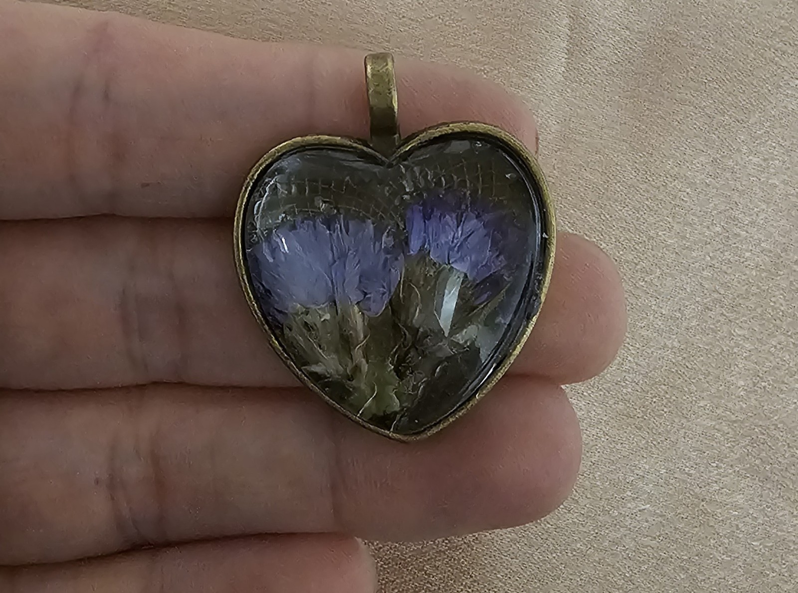 Real Purple Flower Heart Resin Pendant Pressed Cornflowers on Dark Lace