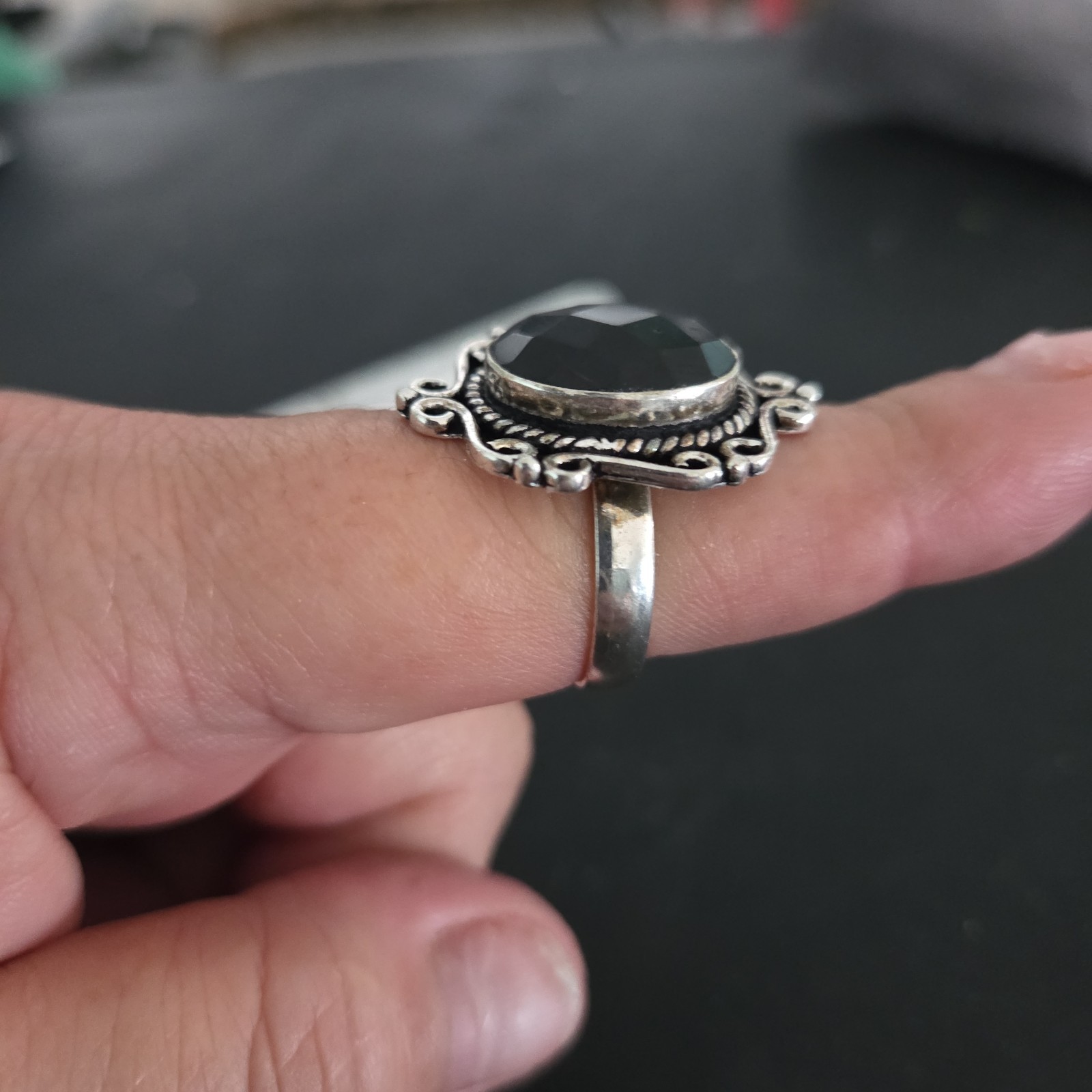 Black Cut Stone 925 stamp Silver Size 8 Ethnic style