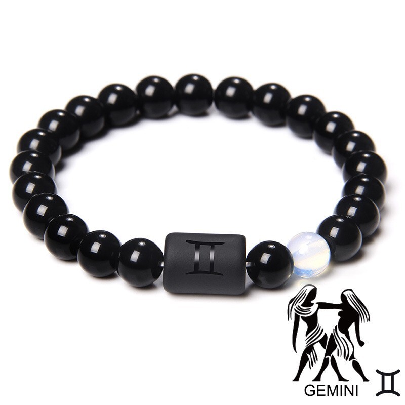Zodiac Sign Natural Black Stone Beaded Elastic Stylish Bracelet Astrological